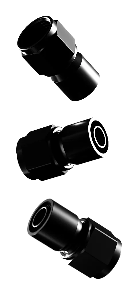 Three Vibrant crimp-on hose end fittings with hard anodized black collars