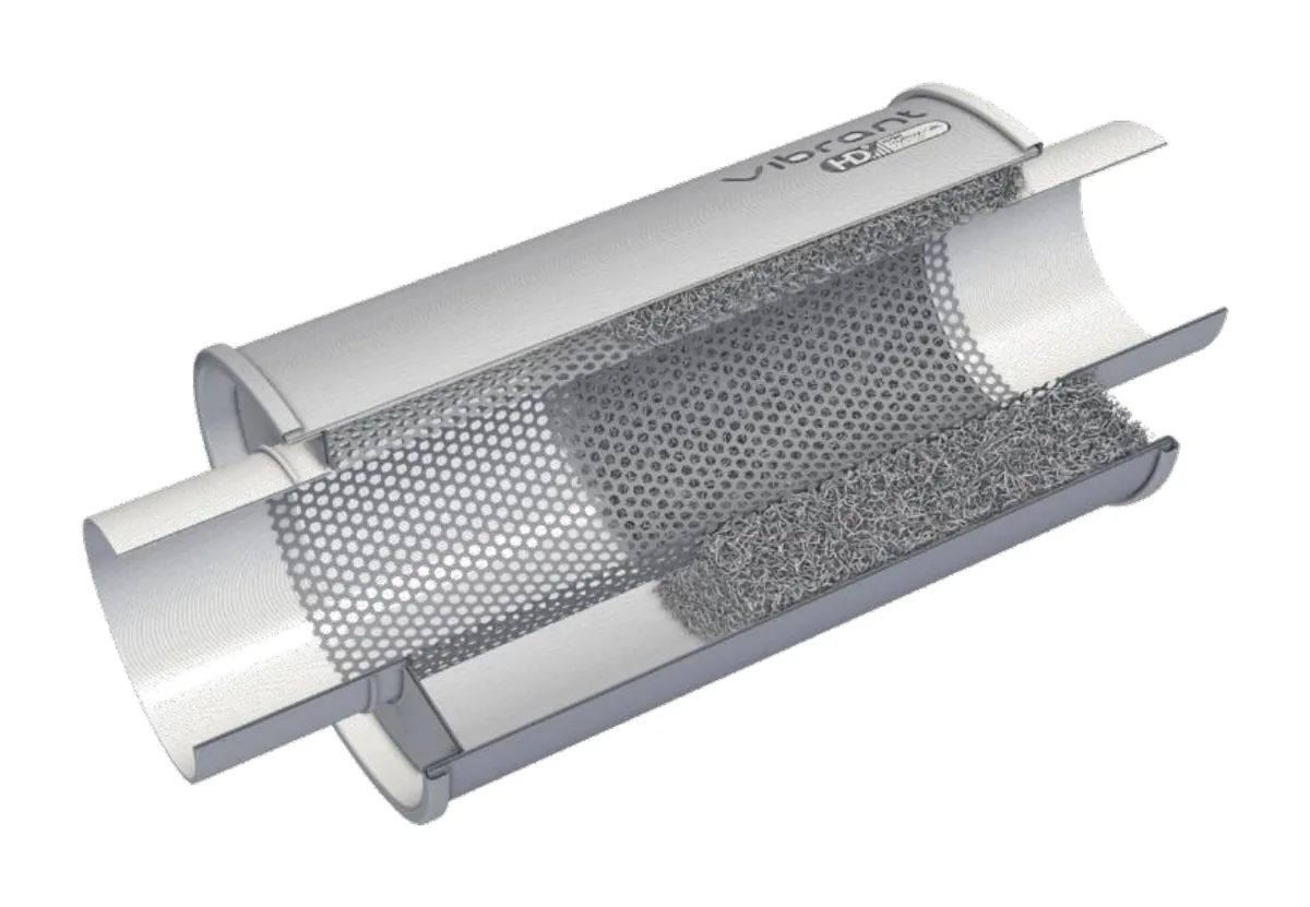Cutaway of a Vibrant High Temp muffler showing perforated core and stainless steel packing